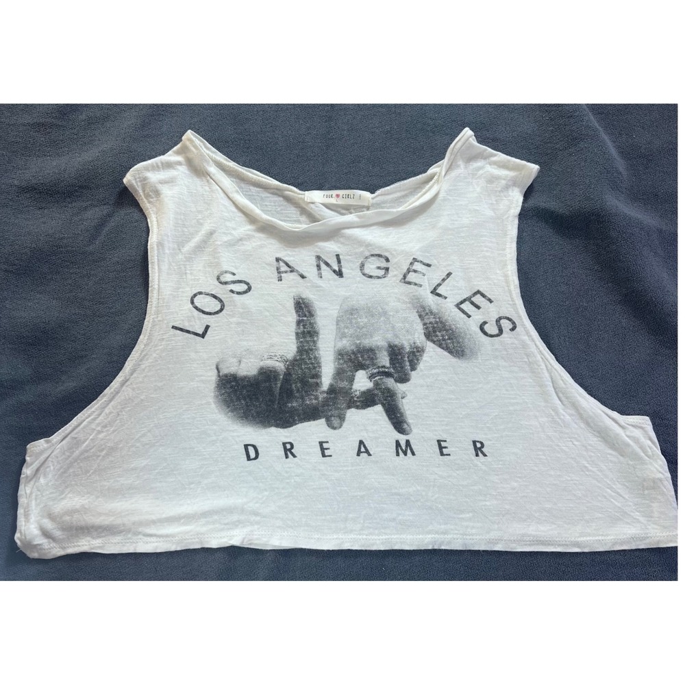 Four Girlz Los Angeles Dreamer Graphic Crop Top Tank White Large